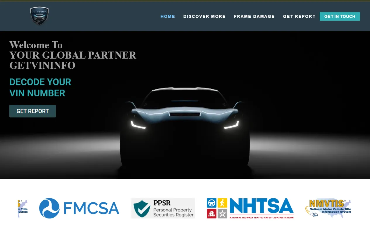 GetVinInfo website homepage by Abdul Samad - VIN checker and car information lookup platform